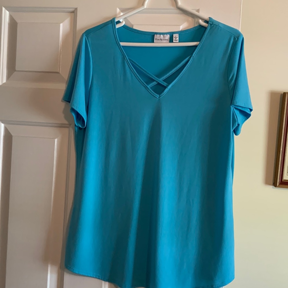 Kim Rogers aqua blue blouse. Soft, versatile top. Unique neckline